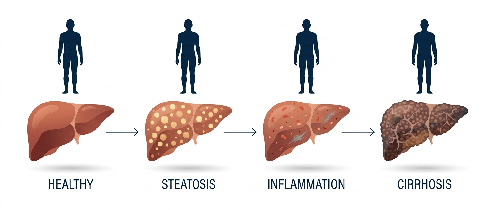 The silent progression of fatty liver disease from a healthy liver through fat build-up, inflammation, and scarring to cirrhosis, while the person appears well throughout